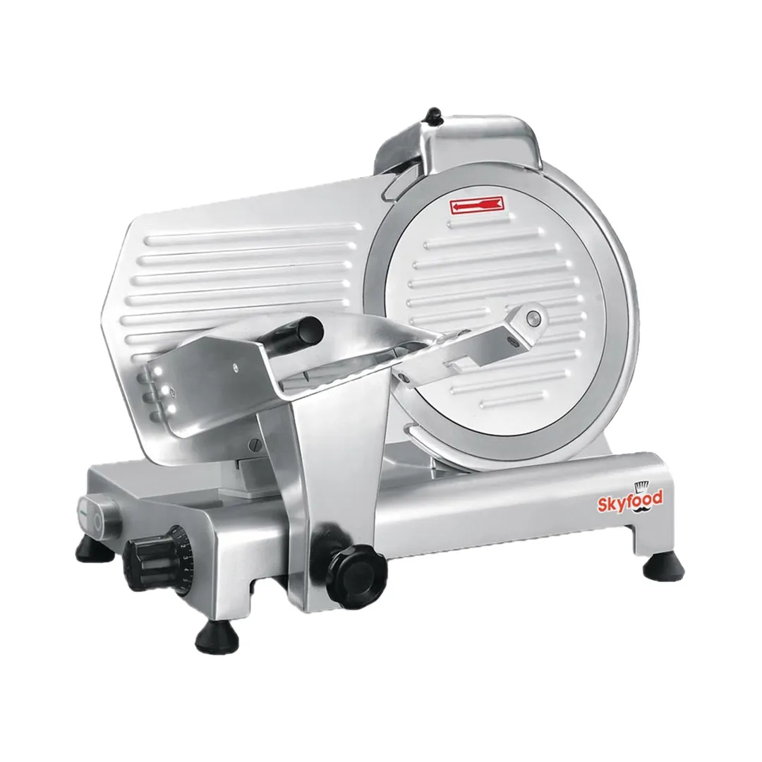 Skyfood 220E - 9" Gravity Feed Meat Slicer, 1/4 HP Electric, Blade, Aluminum Body, Drive, Sharpener, ETL Certified