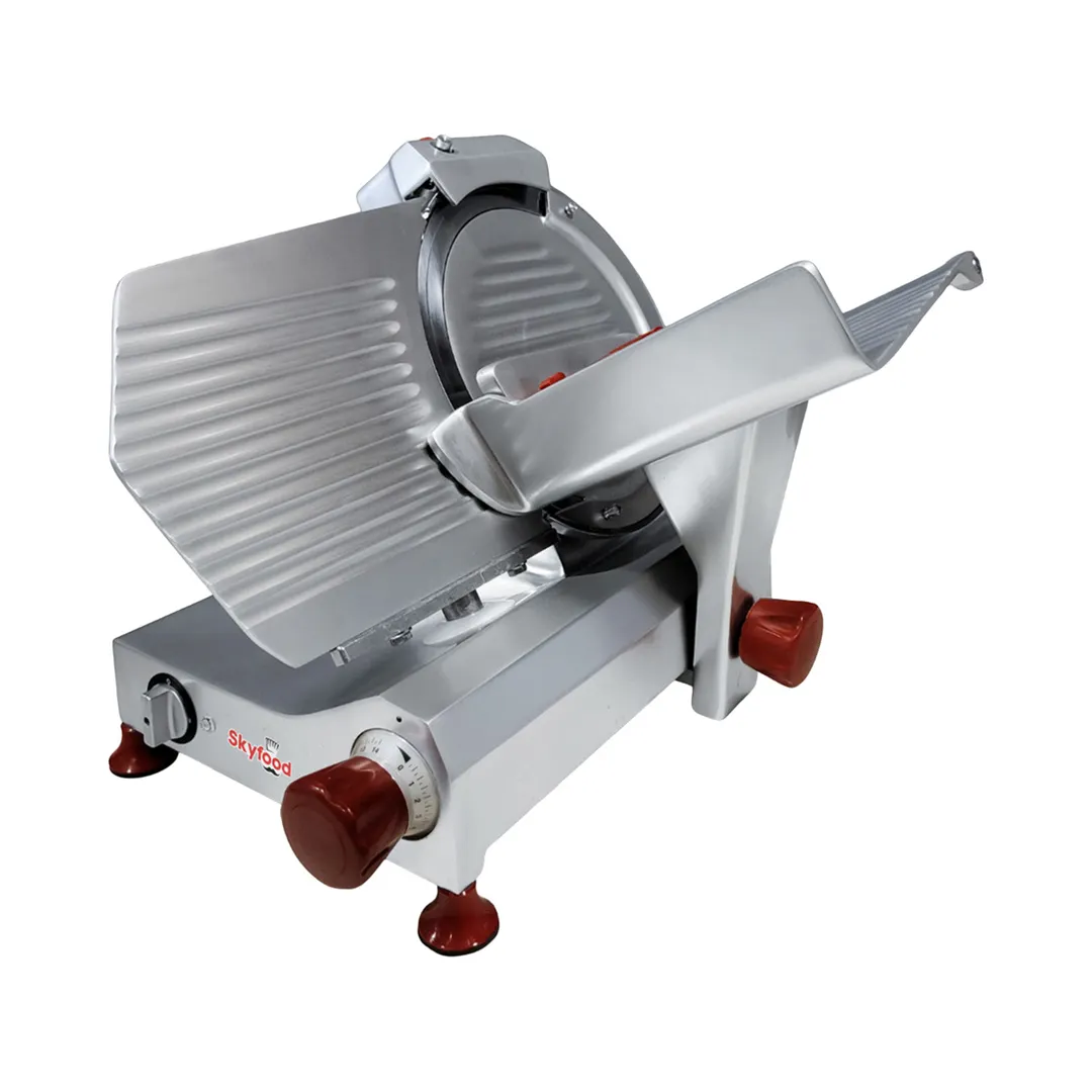 Skyfood SSI-12E 12" Slicer, Belt-Drive Gravity Feed, 1/3 HP 115V, 12" Anodized Al Blade, 5/8" Max Thickness, Sharpener