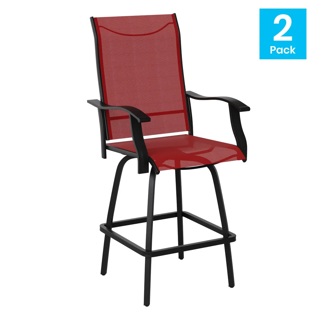 Flash Furniture 2-ET-SWVLPTO-30-RD-GG Patio Swivel Bar Stool Set of 2, 300 lb. Capacity, Red Textilene Sling, Black Galvanized Steel Frame