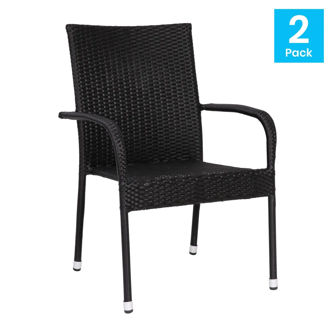 Flash Furniture 2-TW-3WBE073-BK-GG Maxim Stackable Black Polyethylene Wicker Patio Chairs with Arms