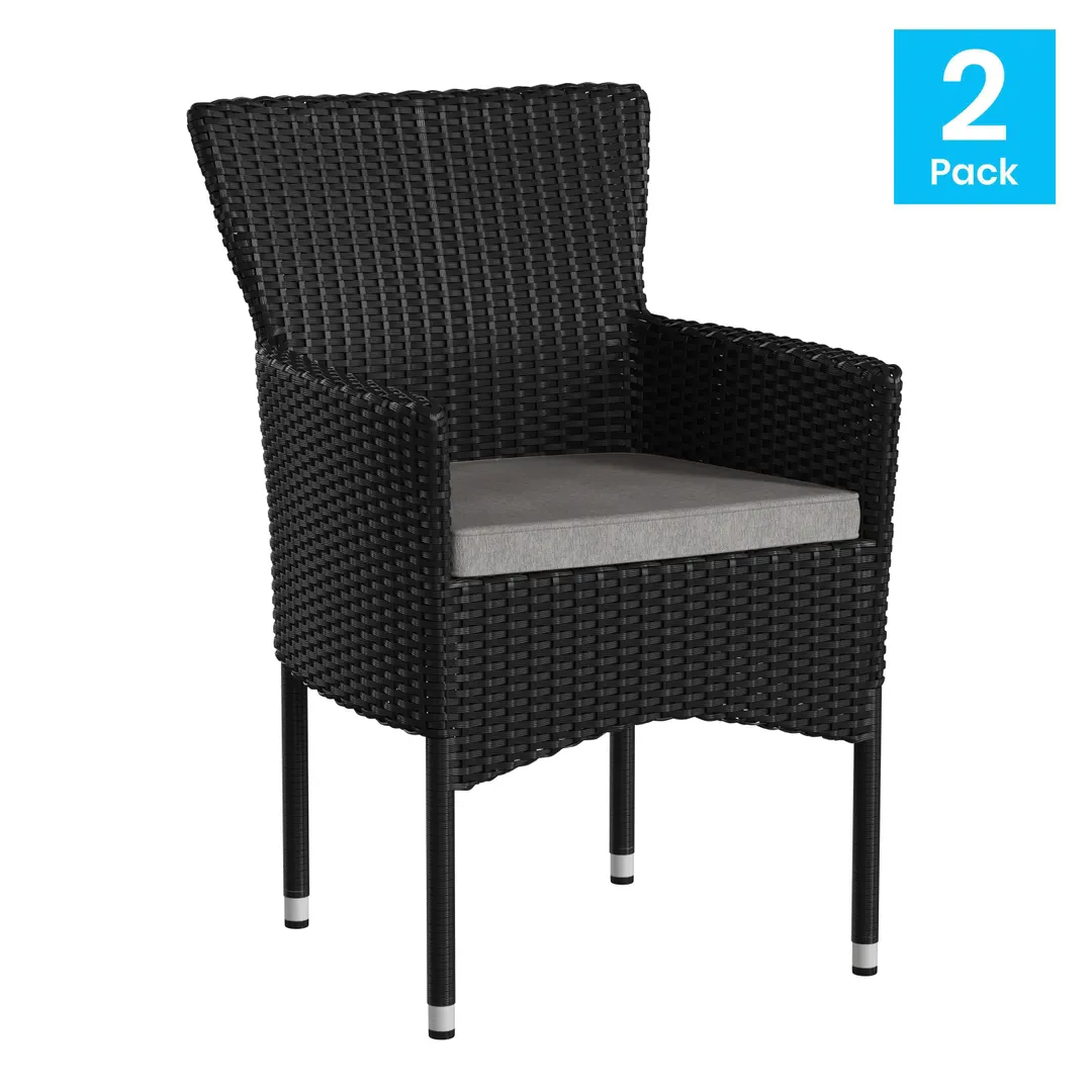 Flash Furniture 2-TW-3WBE074-BK-GG Maxim Stackable Outdoor Wicker Patio Chairs with Arms, Black Frame, Gray Cushions