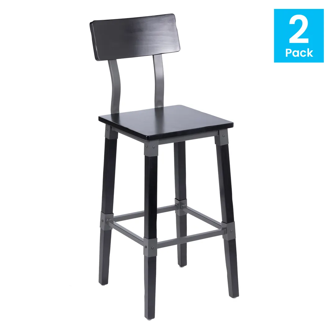 Flash Furniture 2-XU-DG-W0236B-BLK-GG Wood Back & Seat Dining Barstool, 500 lb, Black Rustic Finish, Beechwood Frame