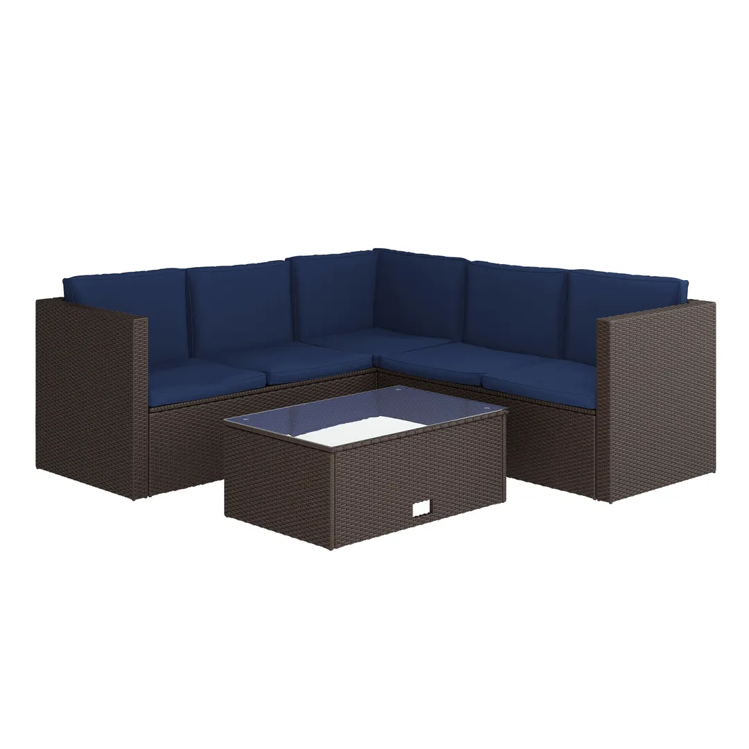 Flash Furniture BN-WS404-NV-BR-GG L-Shaped Sectional Sofa Set with Coffee Table, Navy Cushions, Brown Rattan Frame, Rectangular Table