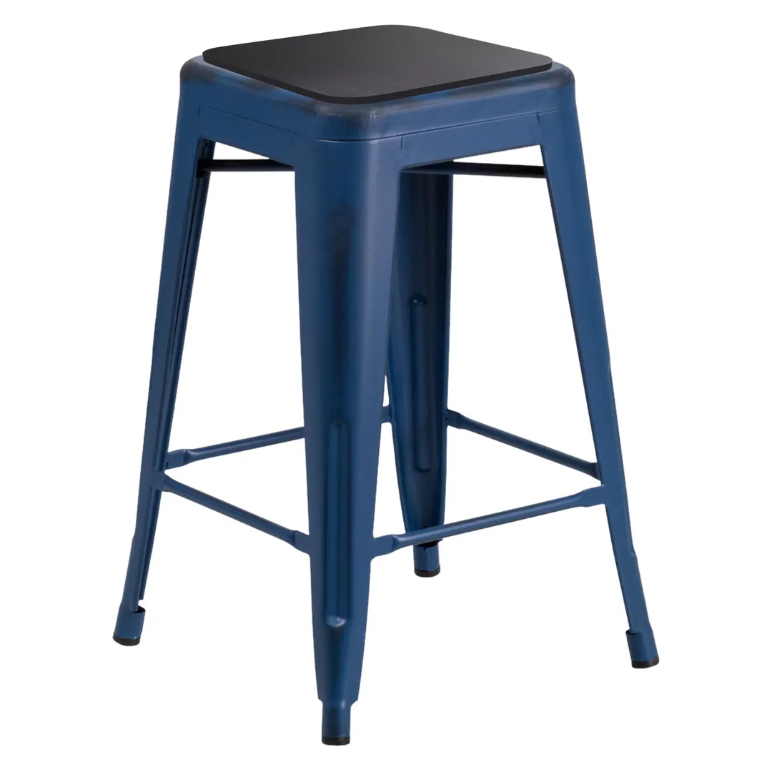 Flash Furniture ET-BT3503-24-AB-PL2B-GG Kai Stool, 24"H, 500 lbs, Backless, Distressed Antique Blue Metal with Black Polystyrene Seat
