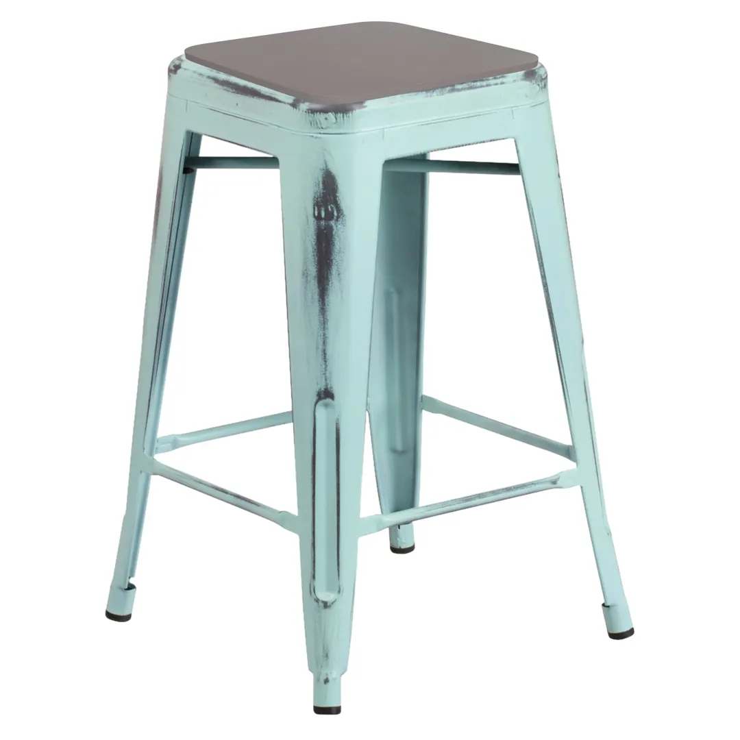 Flash Furniture ET-BT3503-24-DB-PL2G-GG Kai Stool, 24"H, 500 lbs, Backless, Distressed Green-Blue Metal Frame with Gray Polystyrene Seat