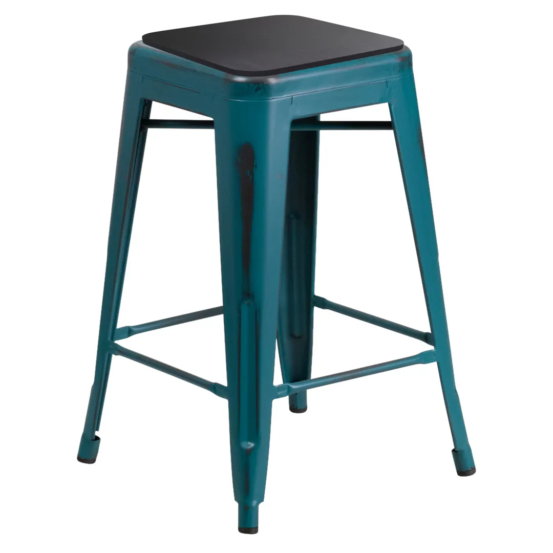 Flash Furniture ET-BT3503-24-KB-PL2B-GG Kai Stool, 24"H, 500 lbs, Backless, Distressed Kelly Blue-Teal Metal with Gray Polystyrene Seat