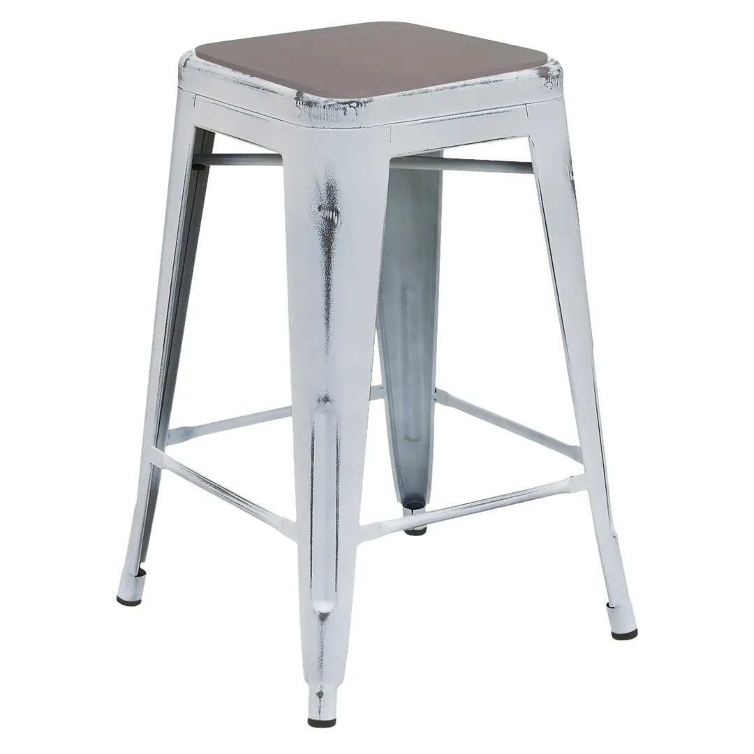 Flash Furniture ET-BT3503-24-WH-PL2G-GG Kai Backless Bar Stool, 24"H, 500 lbs, Distressed White Metal Frame