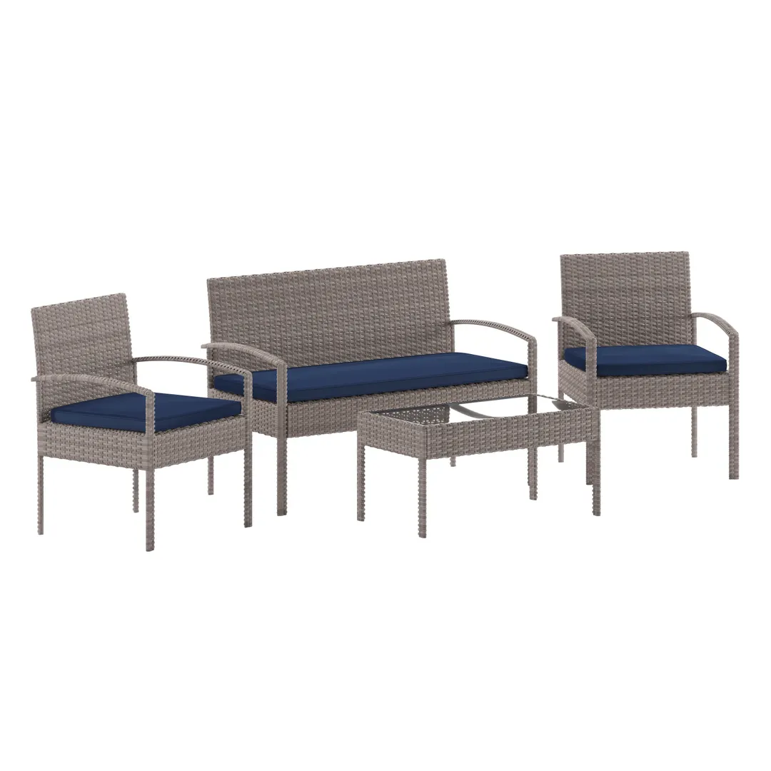 Flash Furniture JJ-S312-GYNV-GG 4-Piece Outdoor Patio Set, Navy Cushions, Rattan Finish, 43" Sofa, 30"H Chairs