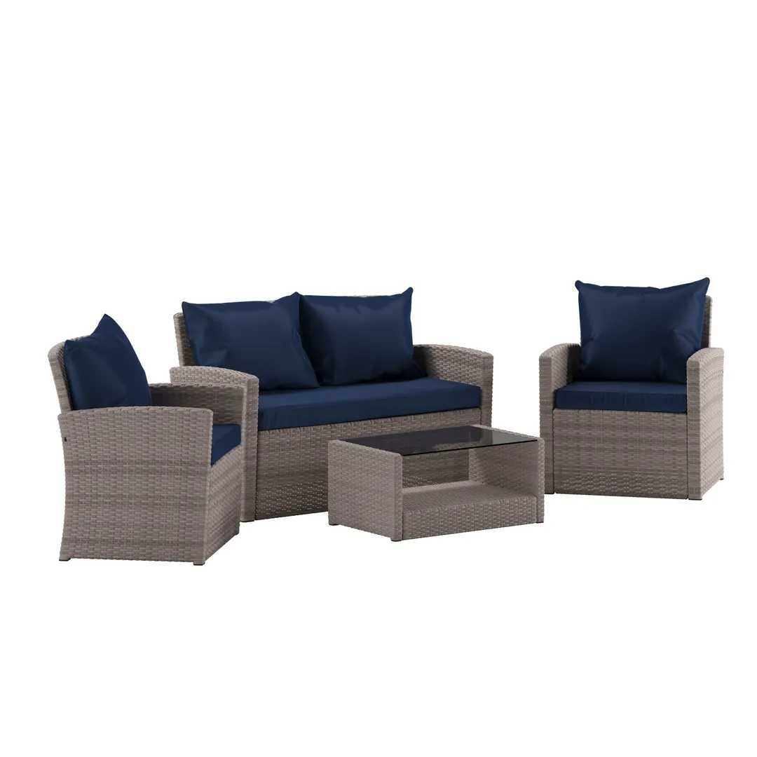 Flash Furniture JJ-S351-GYNV-GG 4-Piece Outdoor Patio Set, Navy Cushions, Rattan Finish, 22-1/2"W Chairs