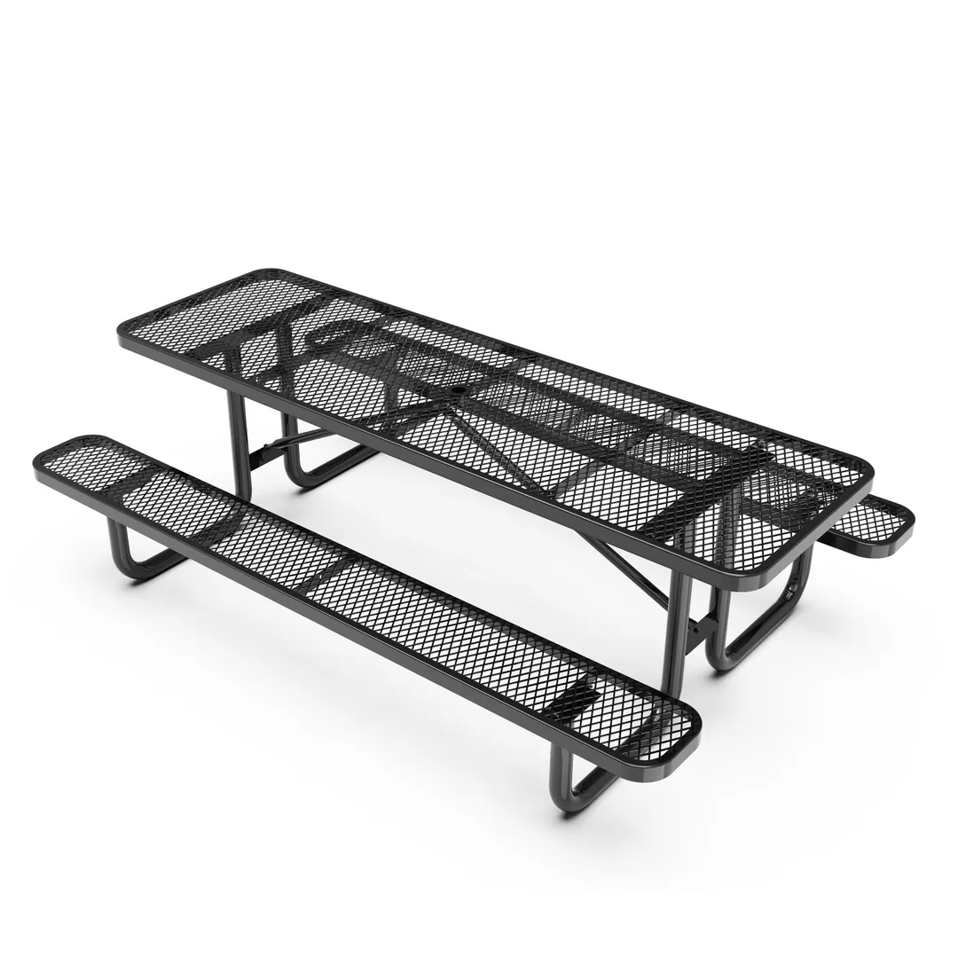 Flash Furniture SLF-EML96-H60L-BK-GG 6-Person Rectangular Outdoor Picnic Table, 48"W, Black Steel Frame, Expanded Metal Mesh Top
