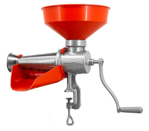 Omcan USA 30105 Manual Tomato Squeezer with Plastic Funnel, Drip Guard, Tool for Commercial Kitchens