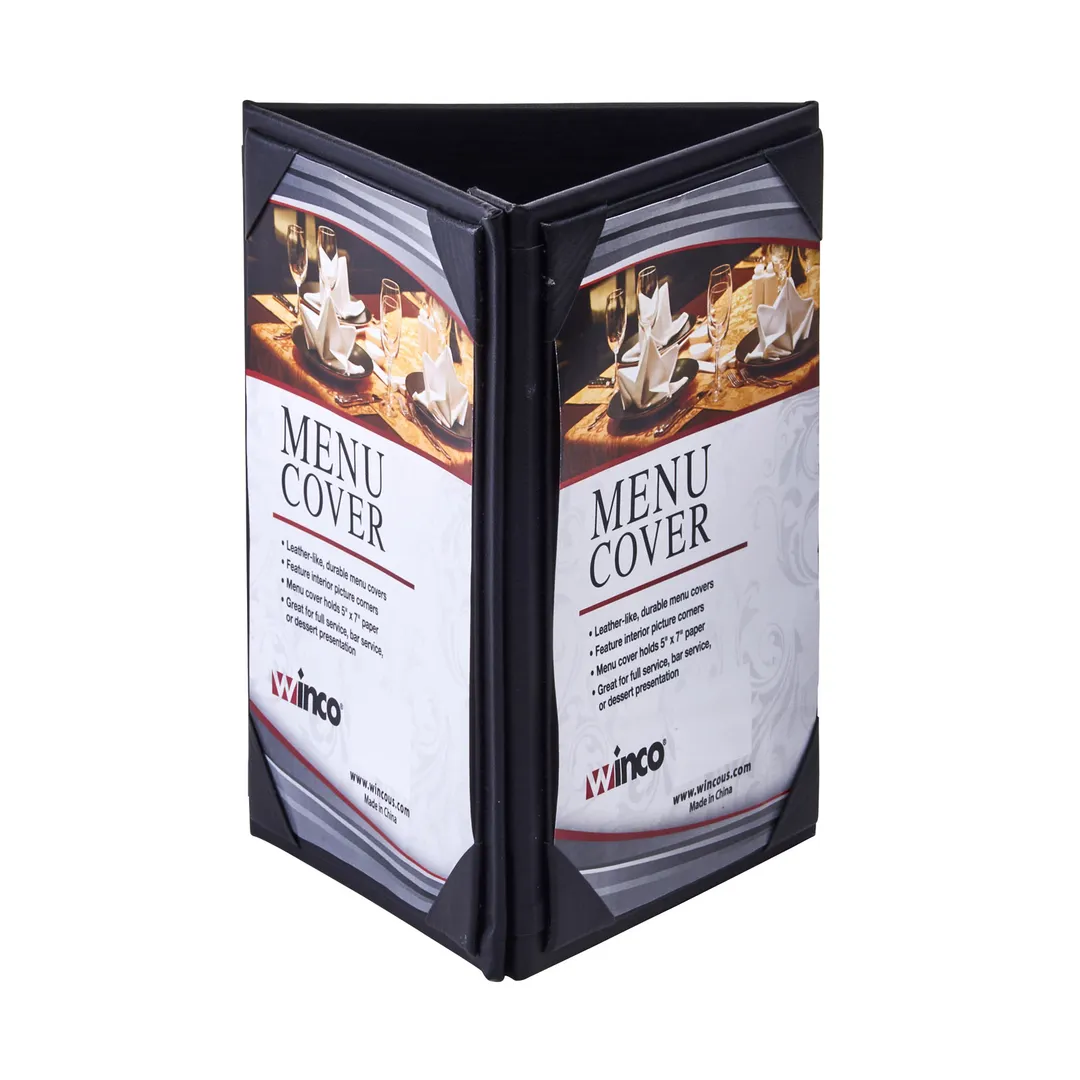 Winco LMTT-57BK Menu Cover, Table Tent Design, Triple View (3) 5" X 7 Inserts