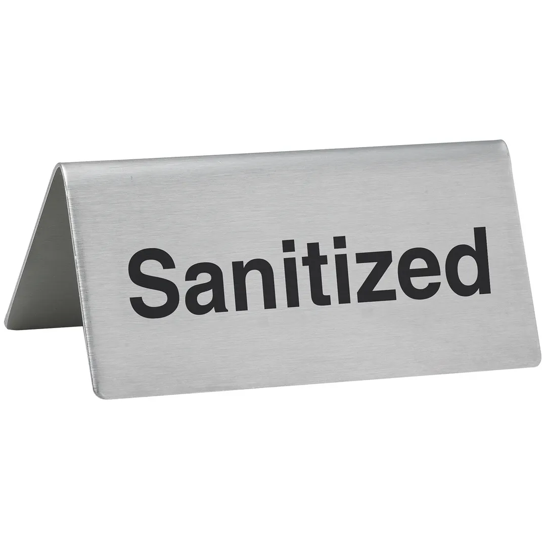 Winco SGN-106 Tent Sign, 3"W X 1-1/2"D X 1-1/4"H “Sanitized", Stainless Steel