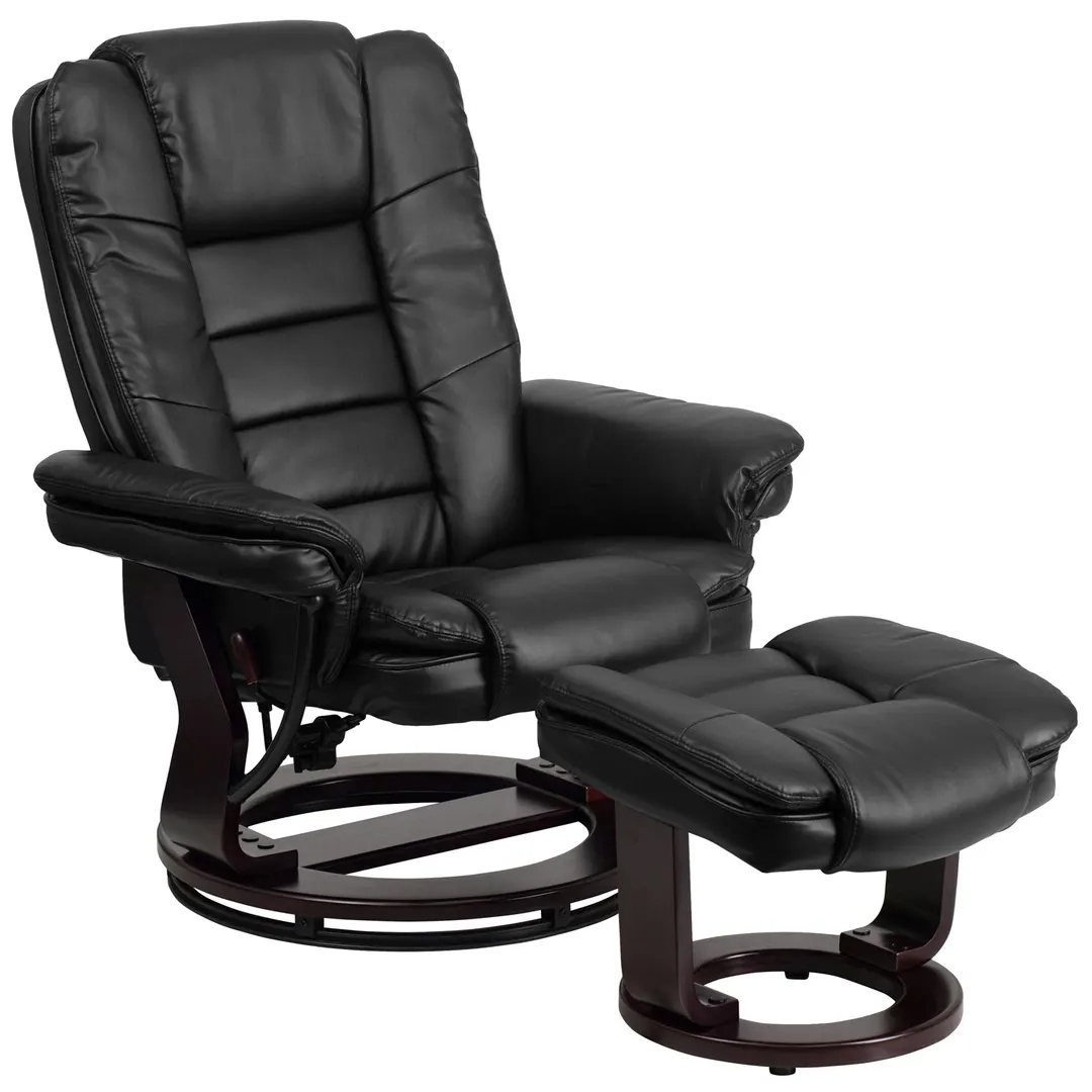Flash Furniture BT-7818-BK-GG Contemporary Swivel Recliner, 32-3/4"W, Black LeatherSoft, 41"H, Wood Base with Mahogany Finish