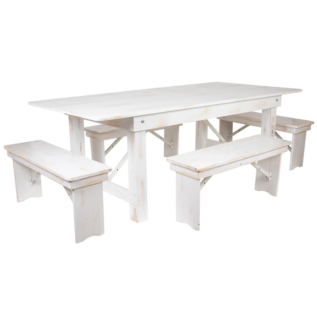 Flash Furniture XA-FARM-1-WH-GG Hercules Series Farm Table Set, 84"W x 40"D, Antique Rustic White, Seats 8, Solid Pine Construction