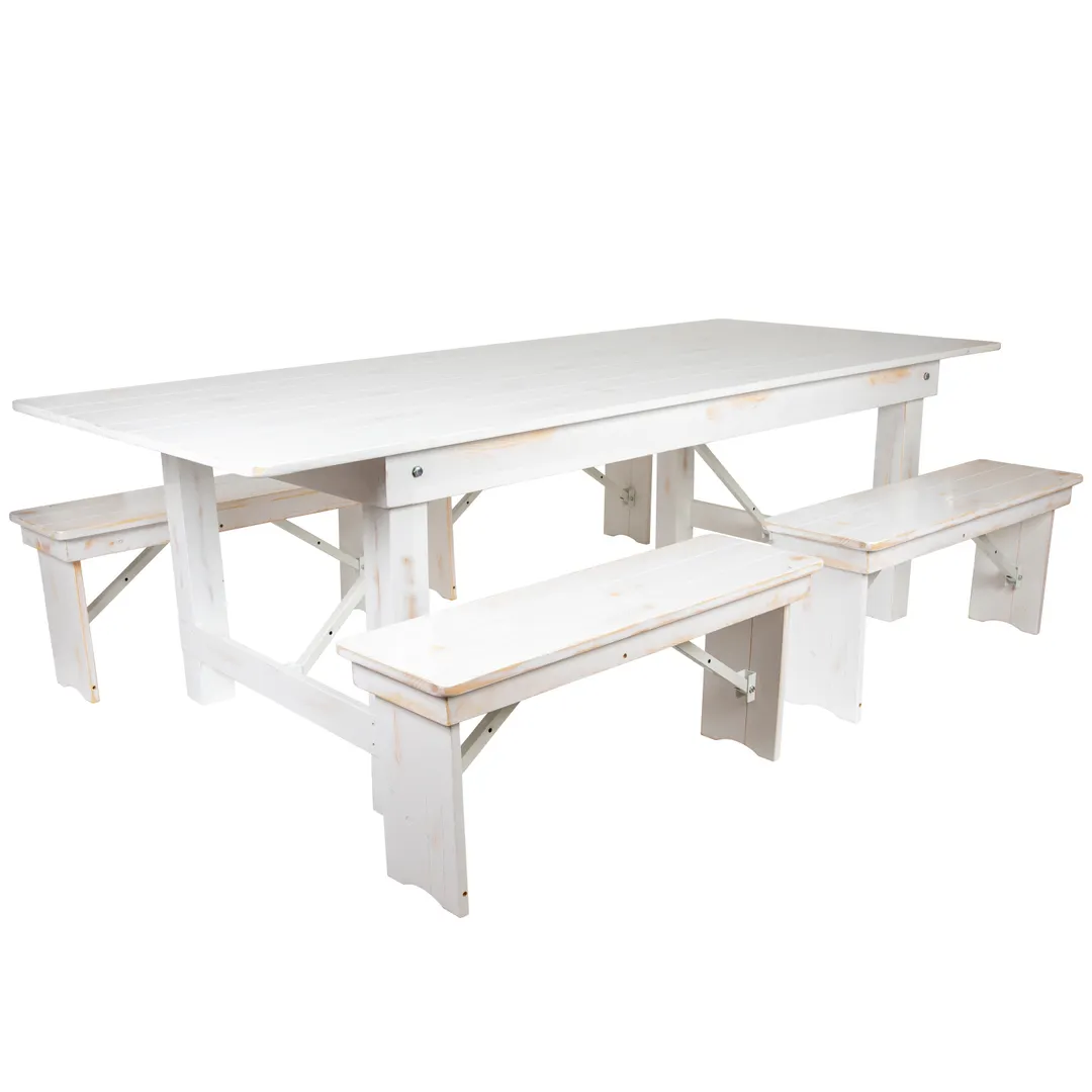 Flash Furniture XA-FARM-2-WH-GG Hercules Series Folding Farm Table Set, 96"W, Antique Rustic White, Seats 8 Adults
