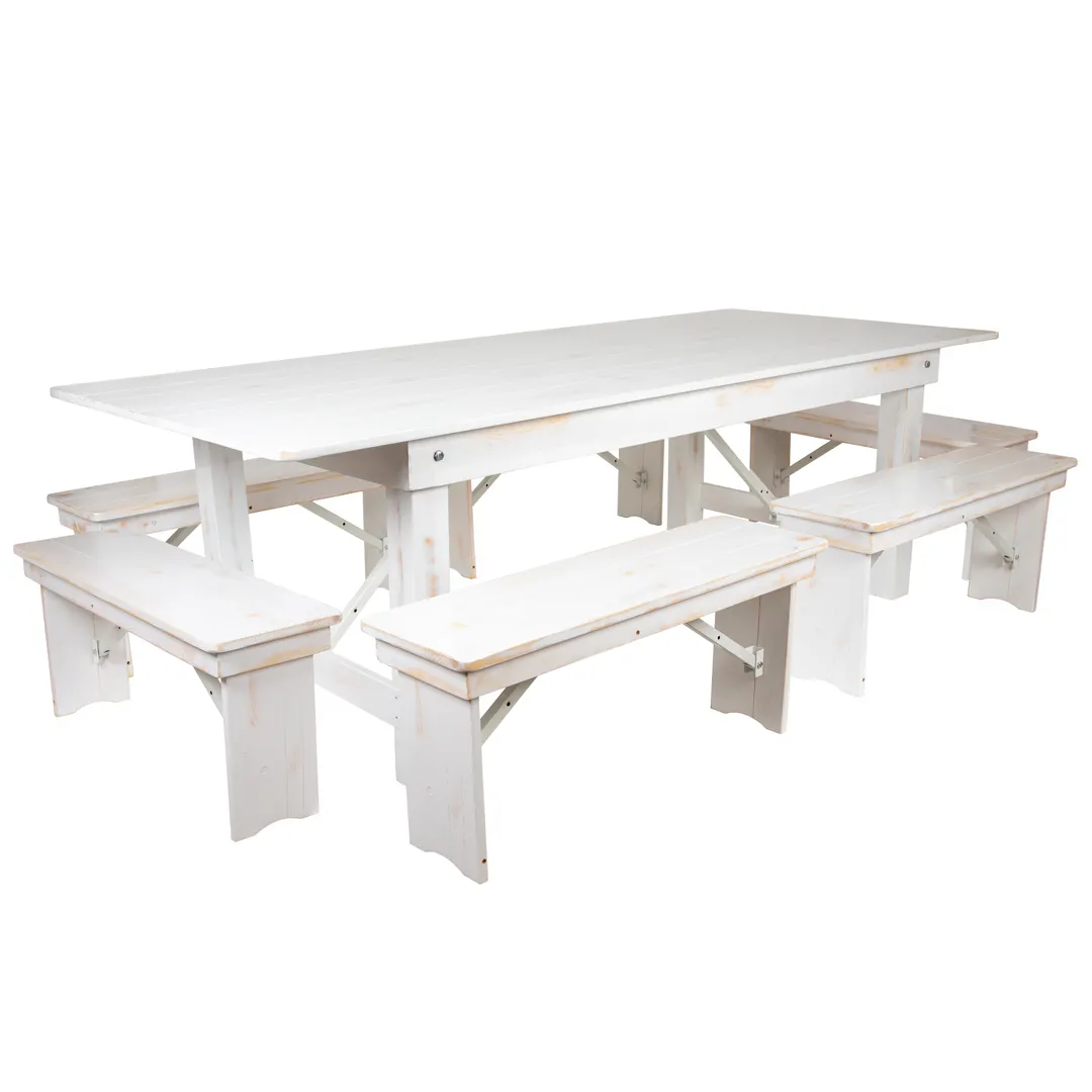 Flash Furniture XA-FARM-3-WH-GG Hercules Series Folding Farm Table Set, Antique Rustic White, 96"W x 40"D, Seats 12 Adults