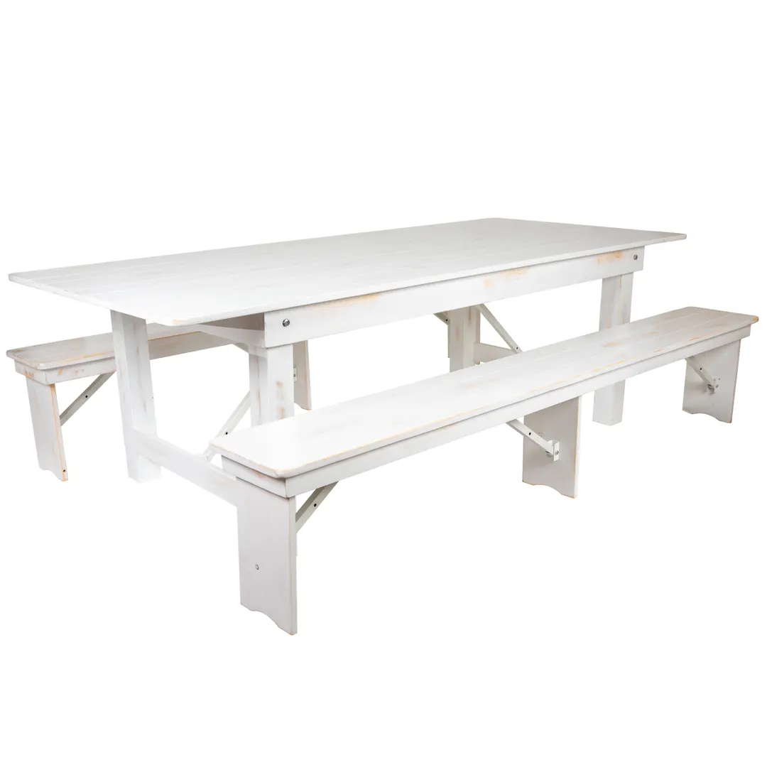 Flash Furniture XA-FARM-4-WH-GG Hercules Series Folding Farm Table Set, Antique Rustic White, 96"W x 40"D, Seats 8 Adults