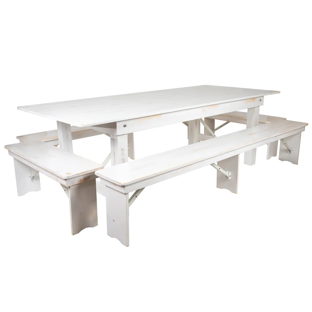 Flash Furniture XA-FARM-5-WH-GG Hercules Series Folding Farm Table Set, Antique Rustic White, 96"W x 40"D, Seats 8 Adults