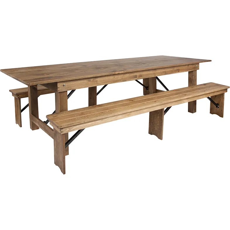 Flash Furniture XA-FARM-6-GG Hercules Series Folding Farm Table Set, 108x40, Seats 8, Antique Rustic, Solid Pine