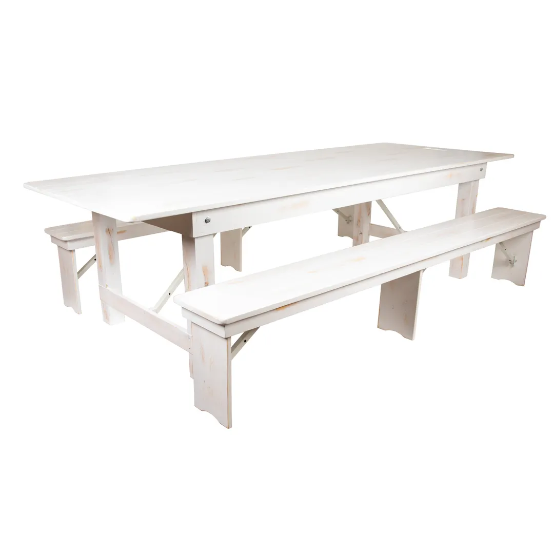 Flash Furniture XA-FARM-6-WH-GG Hercules Series Folding Farm Table Set, Antique Rustic White, 108"W x 40"D, Seats 8 Adults