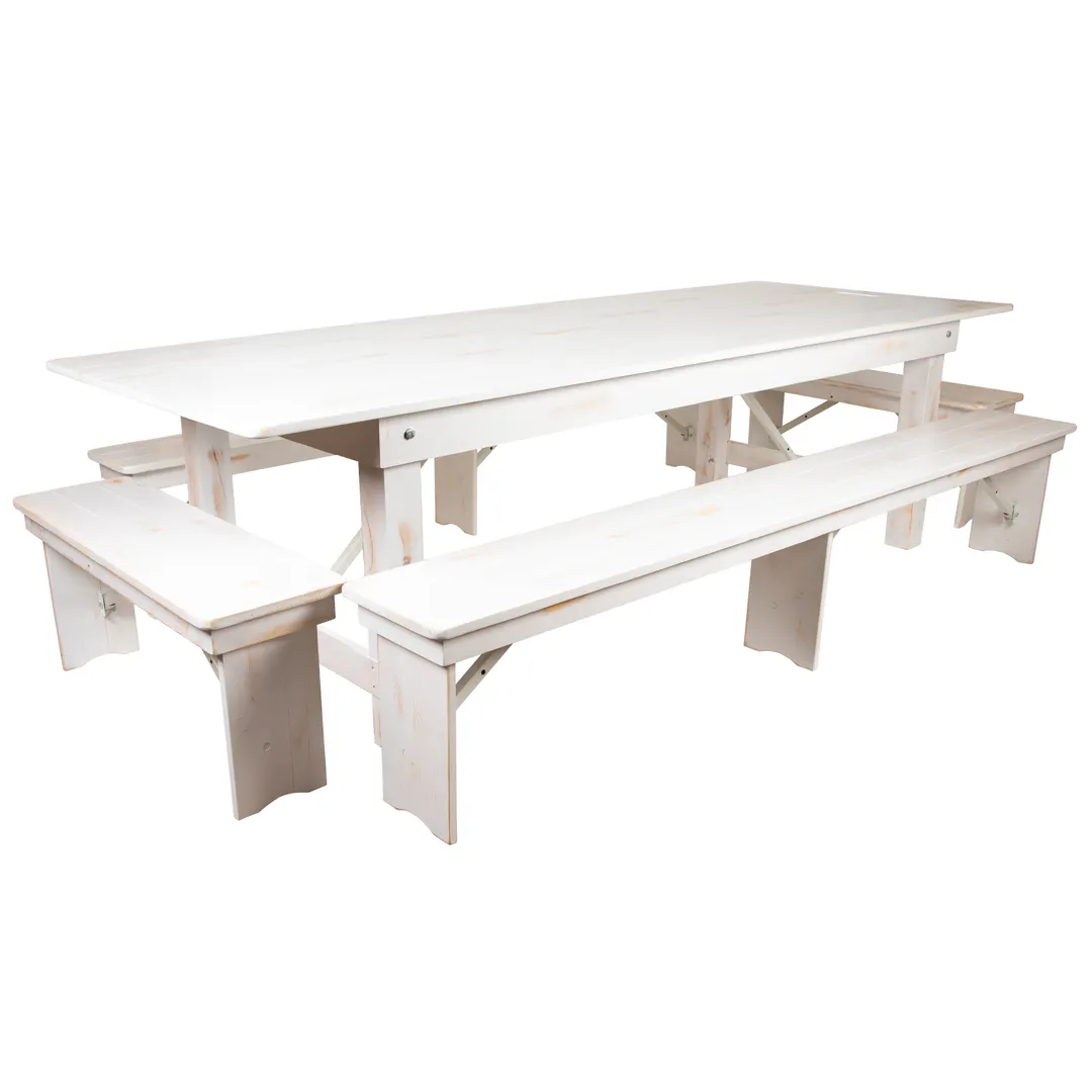 Flash Furniture XA-FARM-7-WH-GG Hercules Series Folding Farm Table Set, Antique Rustic White, 108"W x 40"D, Seats 8 Adults