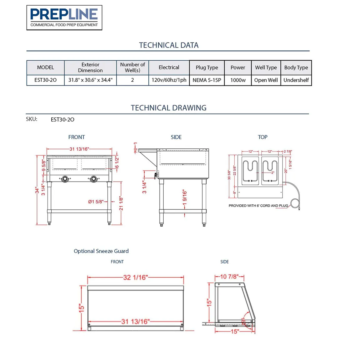 Prepline EST30-2O Electric Hot Food Well Table