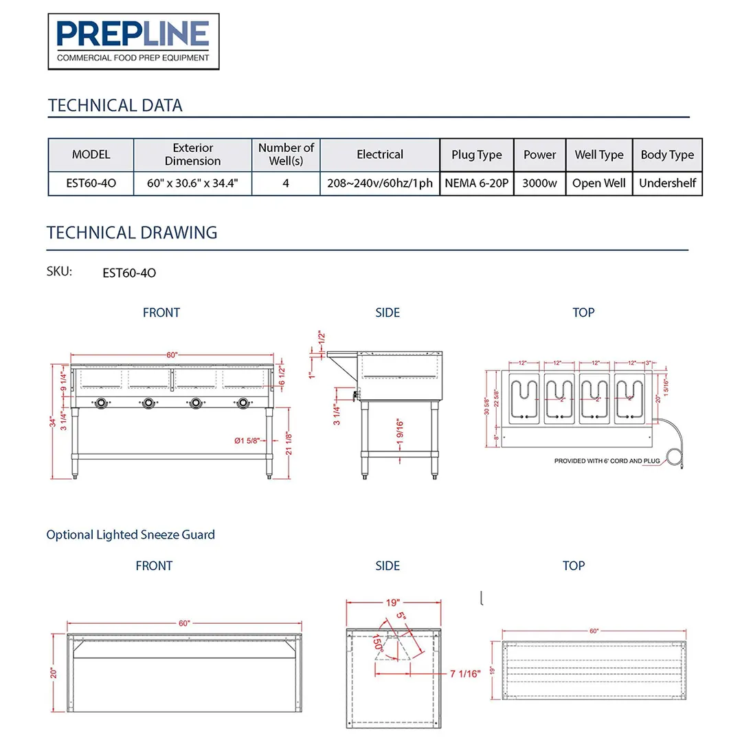 Prepline EST60-4O Electric Hot Food Well Table