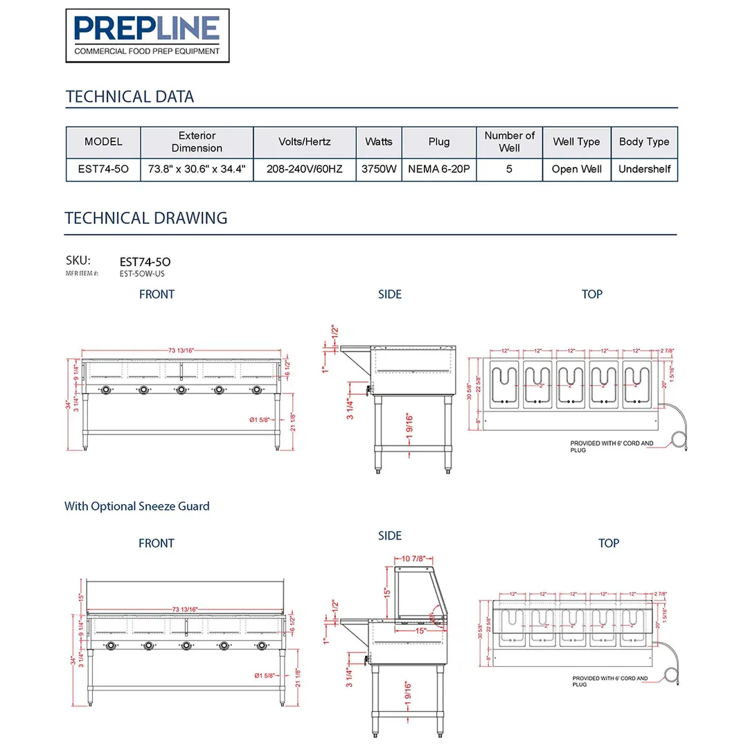 Prepline EST74-5O Electric Hot Food Well Table