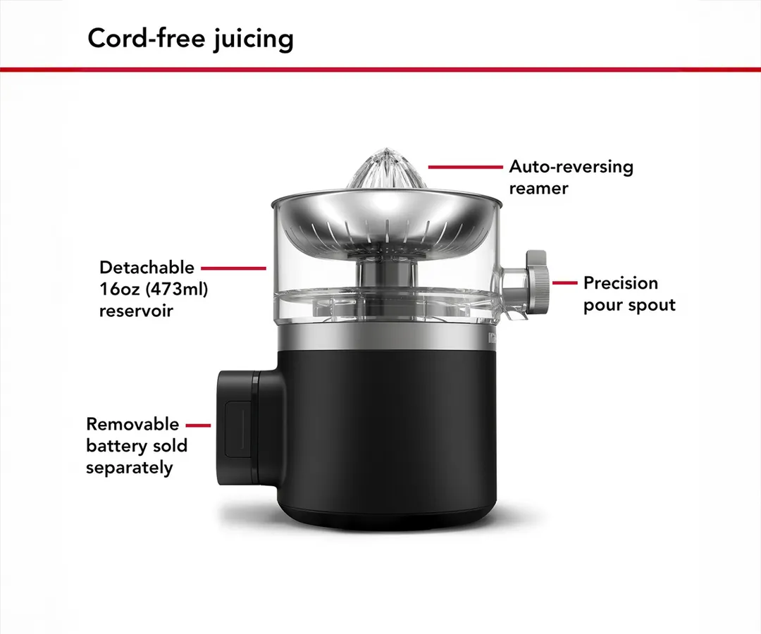 KitchenAid KCJR160BM Cordless Citrus Juicer, 16 oz / Black Matte (Removable Battery Sold Separately)