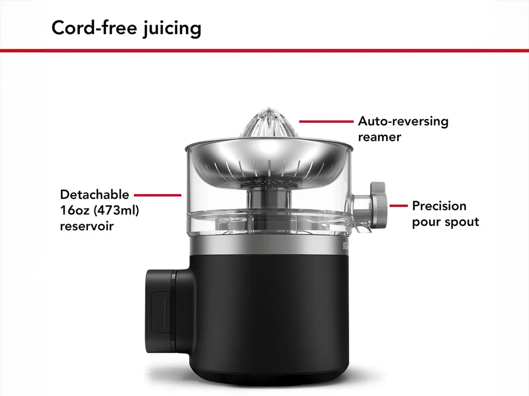 KitchenAid KCJR161BM Cordless Citrus Juicer, 16 oz / Black Matte (Removable Battery Included)