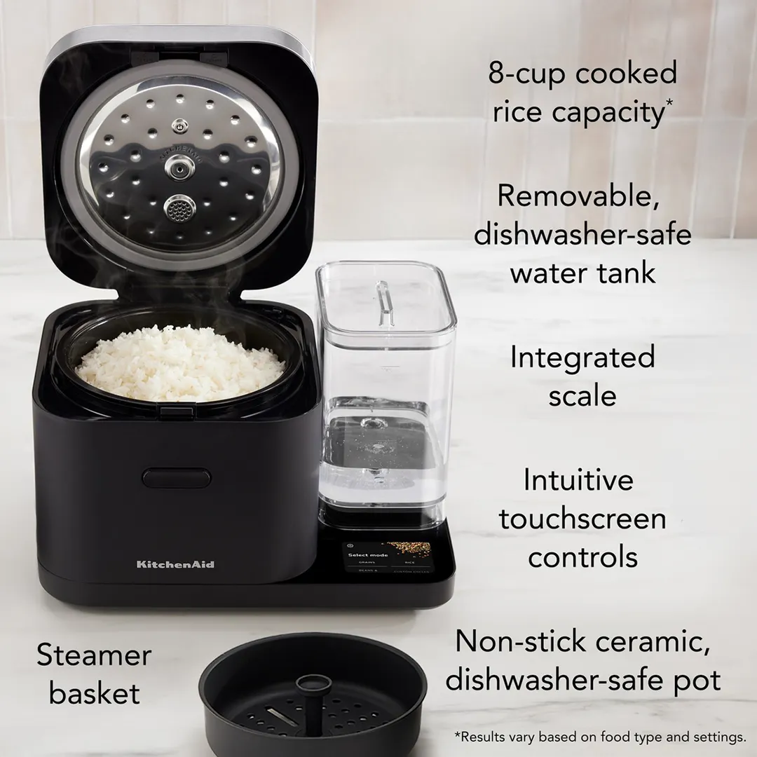 KitchenAid KGC3155BM Grain & Rice Cooker, 8 Cup, Auto Sensing, Integrated Scale & Water Tank
