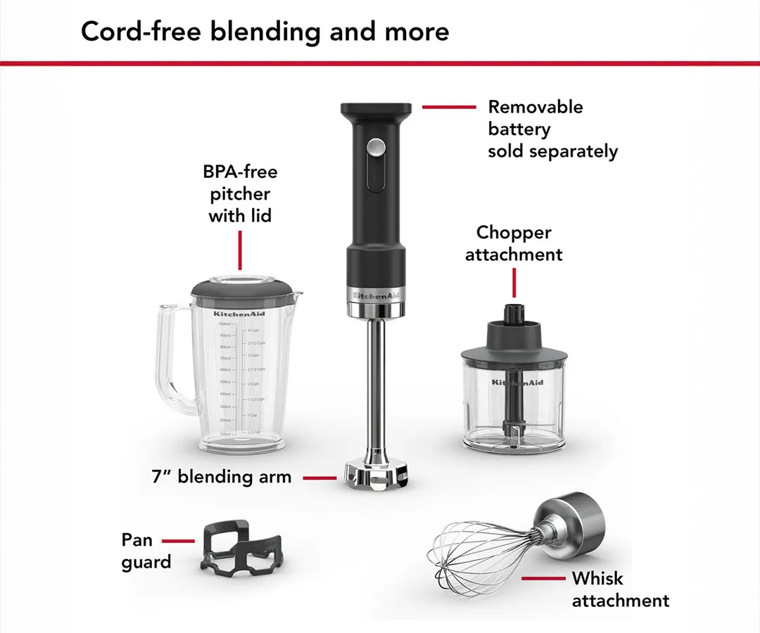 KitchenAid KHBRV05BM Go™ Cordless Hand Blender with Accessories, (Battery Sold Separately)