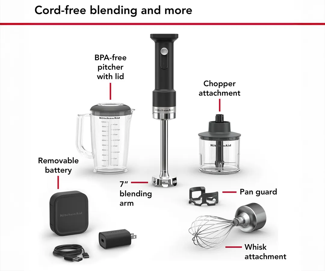 KitchenAid KHBRV75BM Go™ Cordless Hand Blender with Accessories, (Battery Included)