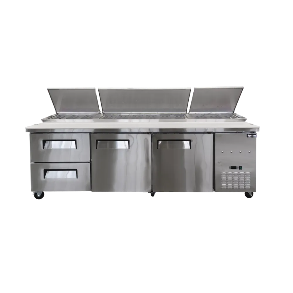 Omcan USA 49299 94" 3-Section Refrigerated Pizza Prep Table, 2 Doors, 12 Pans, Stainless Steel