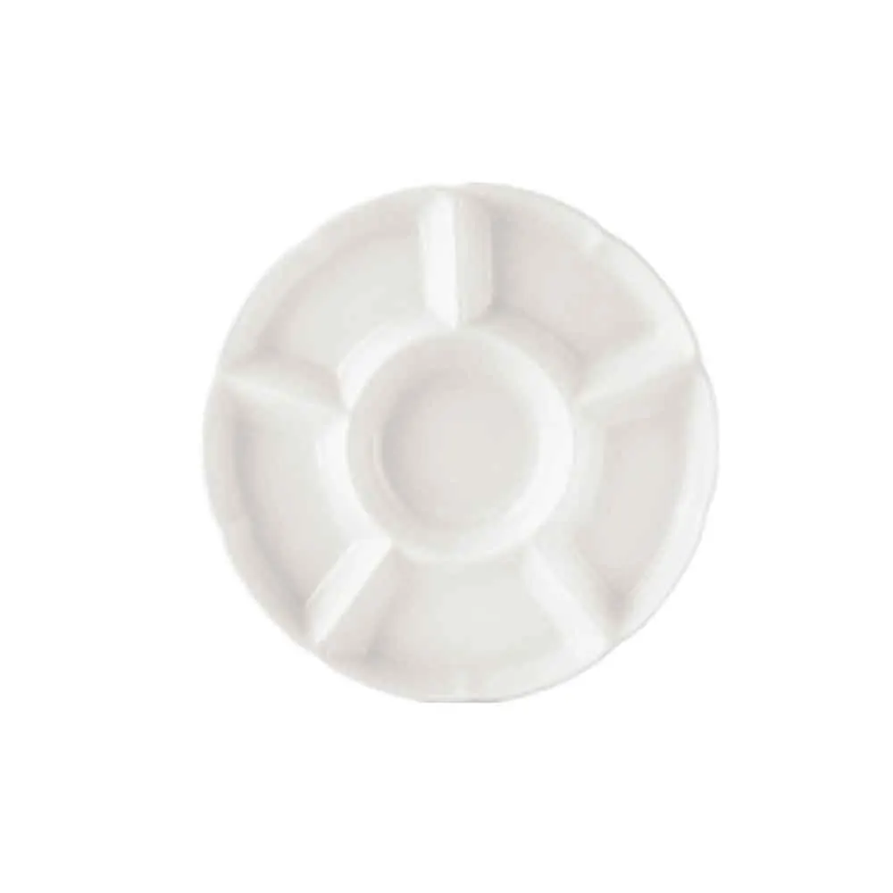 CAC China CMP-11 Tray, 11" Dia x 1-1/8" H, Round, 6 Compartments, Porcelain, Safe - 1 Dozen