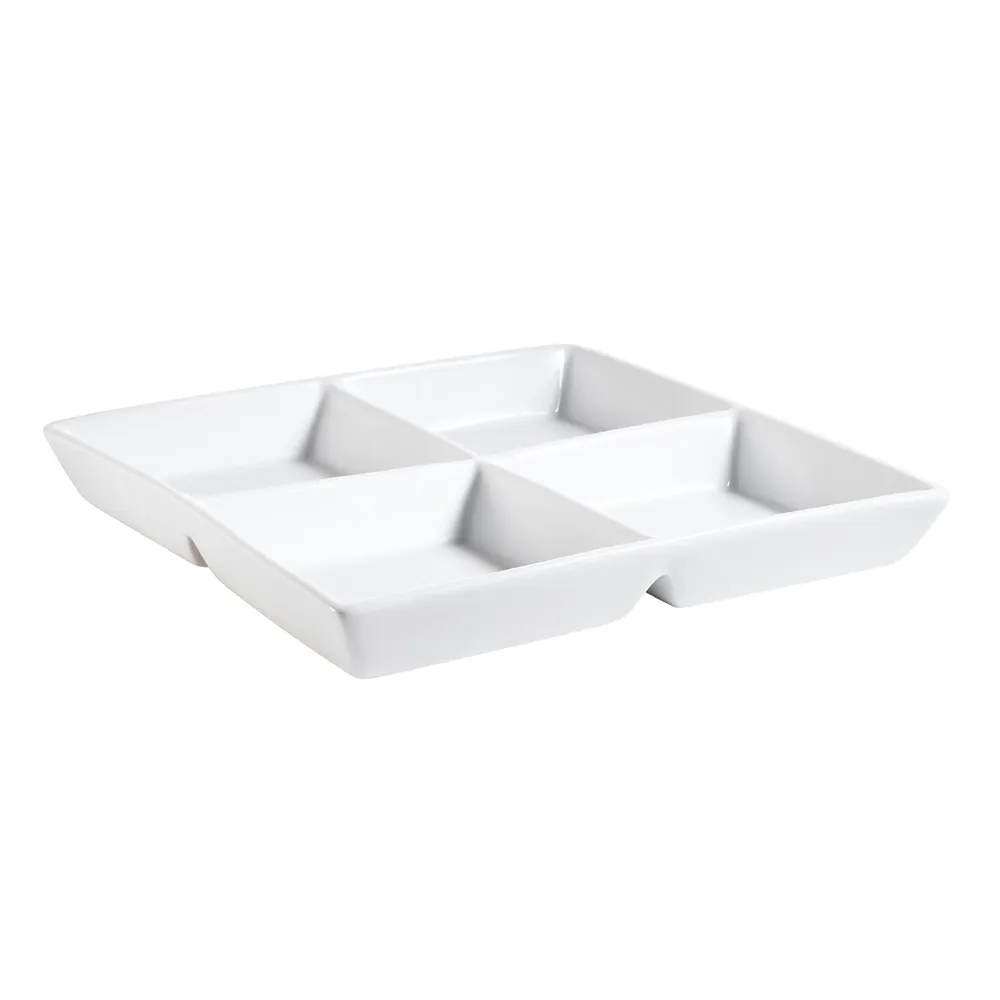 CAC China CMP-D10 White Porcelain Square Tray, 10" x 10" x 1-3/8", 4-Comp 6 Oz - 1 Dozen