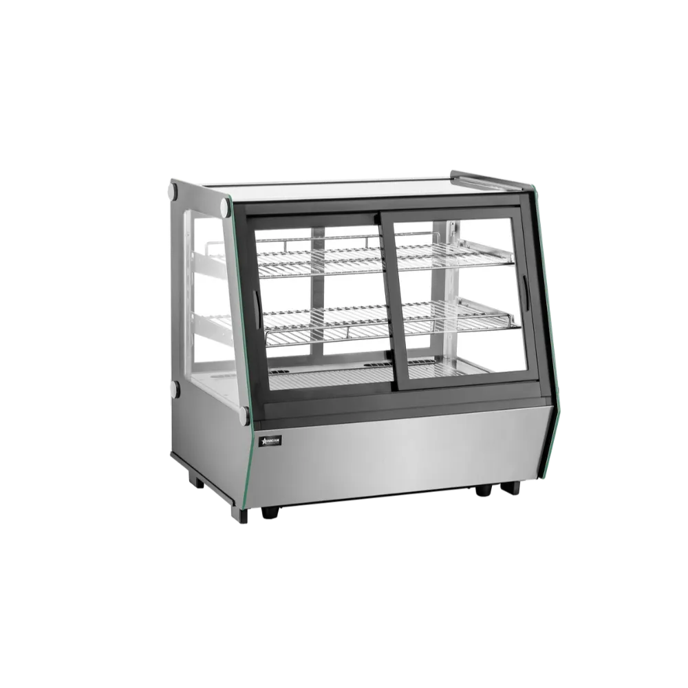 Omcan USA 48567 Countertop Refrigerated Display Case 35" Black 4.8 Cu.ft Steel Glass Doors 2 Shelves