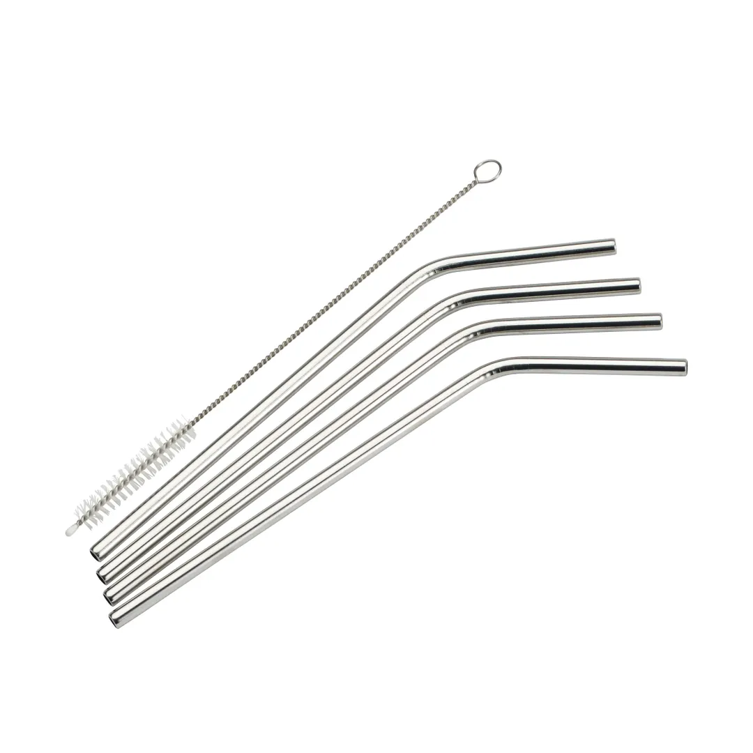 Winco SSTW-8C Curved Straw Set, 4 straws + brush 1/4" dia x 8.5" long, 18/8, dishwasher safe - 5/Set