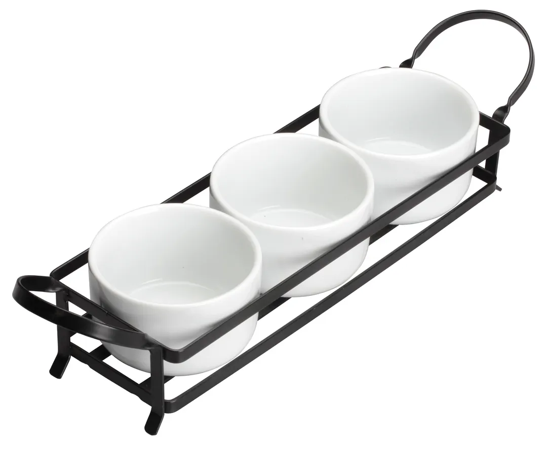 Winco WDP014-101 Trio Bowl Set, 15" x 3.75" O.A., 3 x 8‑oz. bowls, white, metal stand - 12 Sets/Case
