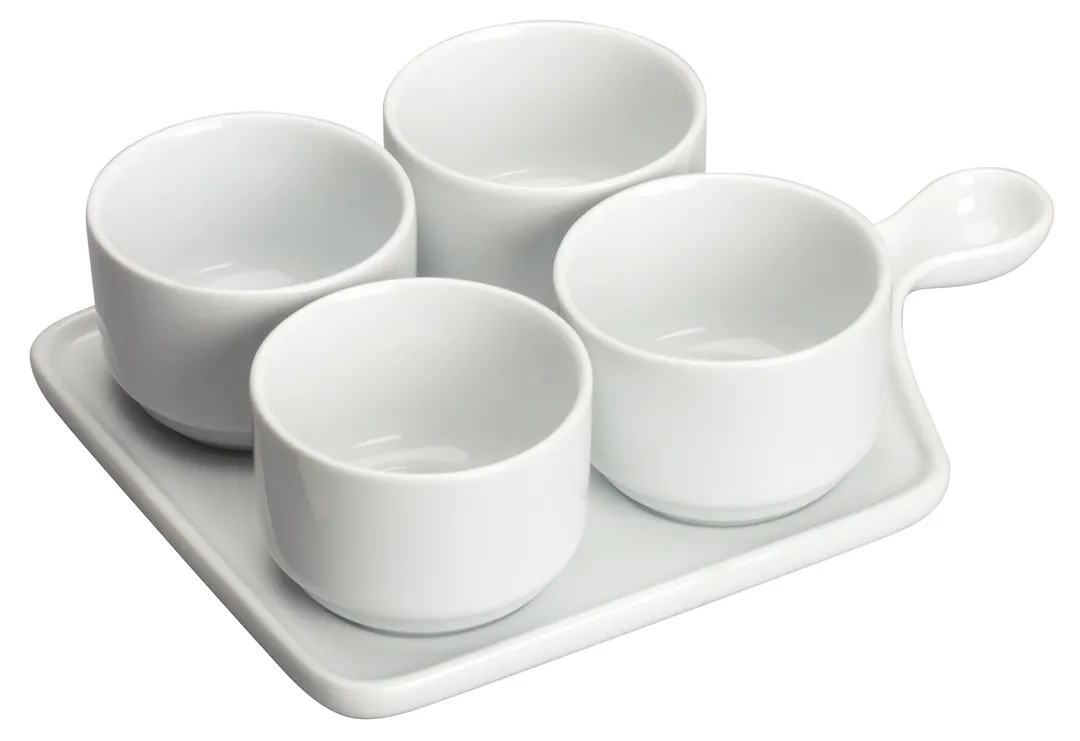 Winco WDP016-102 Tapas Set, 9.75" x 6.75" 4 x 5‑oz. Porcelain Bowls, Base Plate, White - 12 Sets/Case