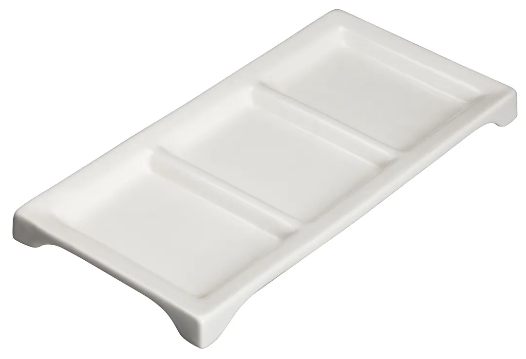 Winco WDP017-108 Trio Tray, 10" x 5", 3-comp rectangular porcelain, bright white - 24/Case