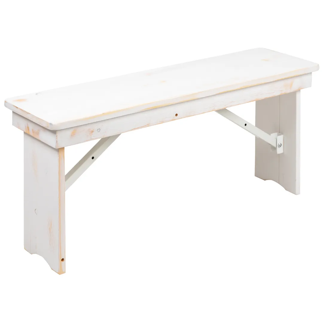 Flash Furniture XA-B-40X12-WH-GG Hercules Series 40" Folding Rustic Farm Bench, 12"D x 17"H, Antique White, 3/4" Solid Pine Top