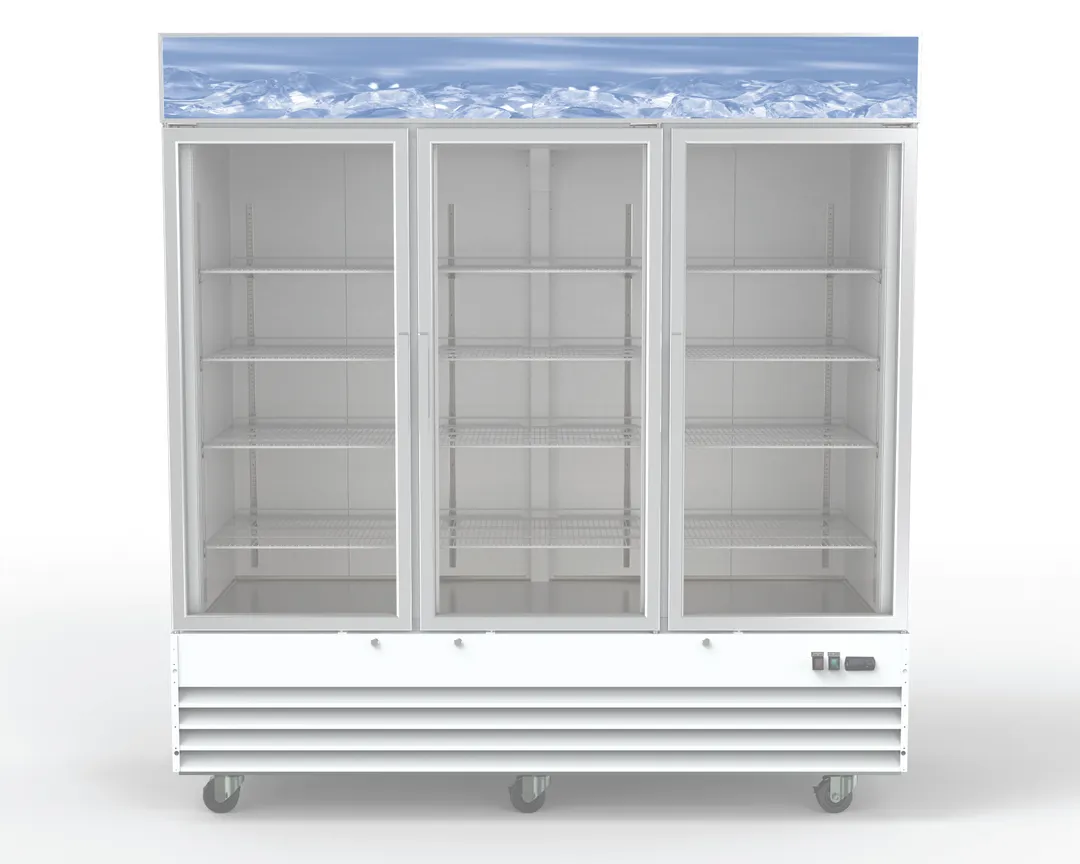 Hubert 157393 - 53 cu.ft. 3-Section White Glass Door Merchandiser, 78.375" Width, 12 Shelves, LED R290a