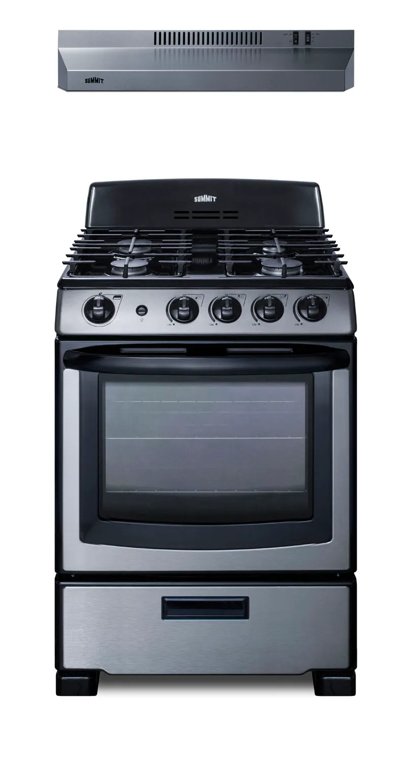 Summit RGH24RSS Gas Range & Convertible Hood Set