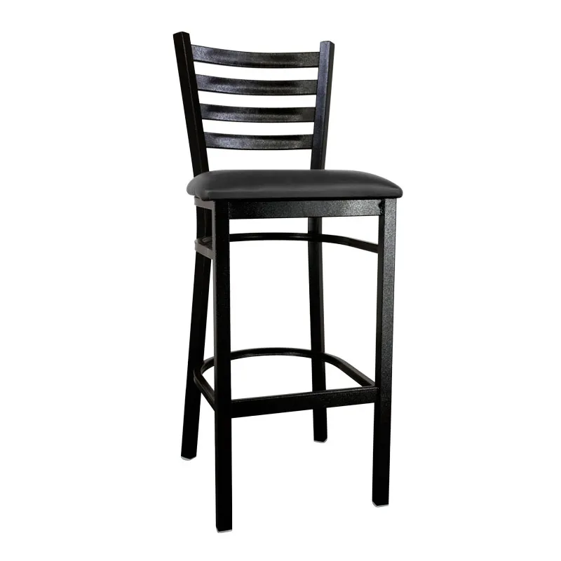 Omcan USA 47592+76554 Ladder Back Bar Stool, Upholstered Vinyl Seat, Metal Frame, Black
