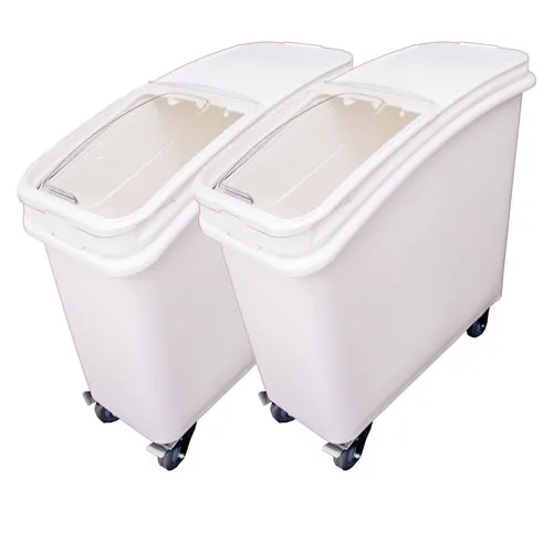 Omcan USA 80985 - 21 Gal White Food Plastic Mobile Bins with Cover, NSF, Casters, Scoops - 2/Set