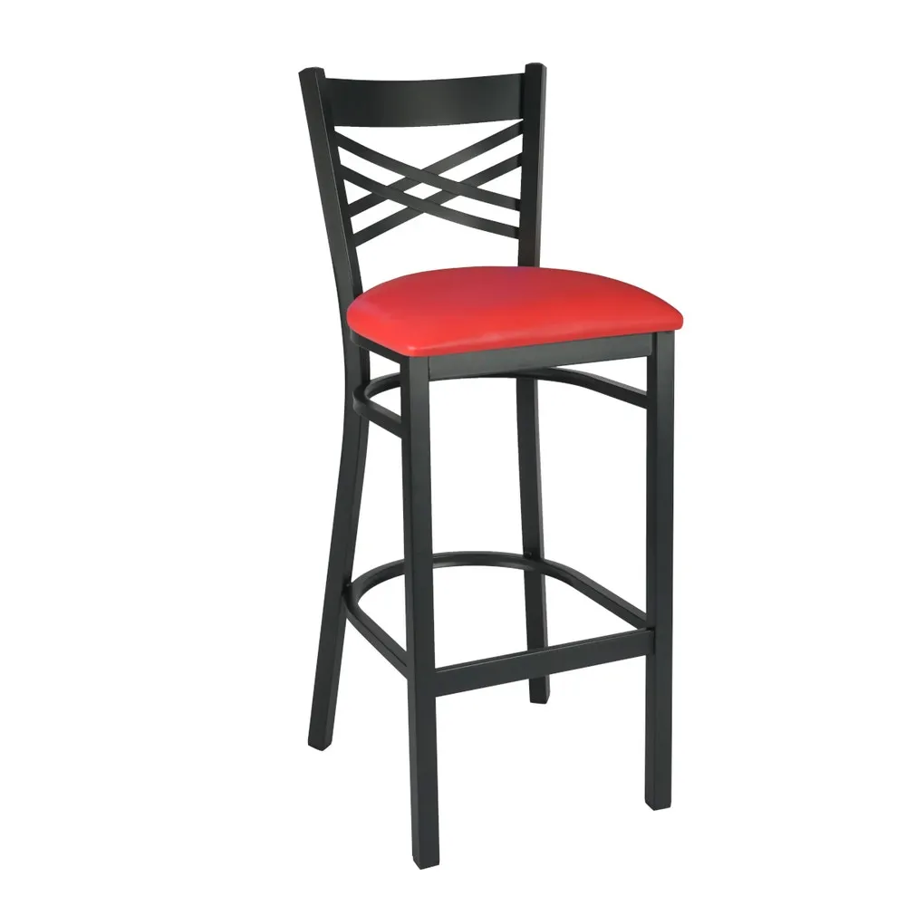 Hubert 32Q-079 CenPro Bar Height Table Set, 24" Round Table Top, 42" Height, Black/Cherry Finish, 4 Red Cross-Back Chairs