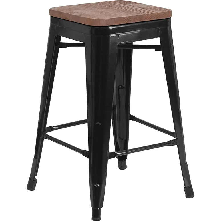 Flash Furniture CH-31320-24-BK-WD-GG Black Backless Counter Height Bar Stool, 500 lb. Weight Capacity, Wood Seat, Galvanized Steel Frame