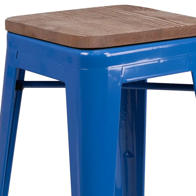 Flash Furniture CH-31320-24-BL-WD-GG Blue Backless Bar Stool, 500 lb. Weight Capacity, Wood Seat, Galvanized Steel Frame